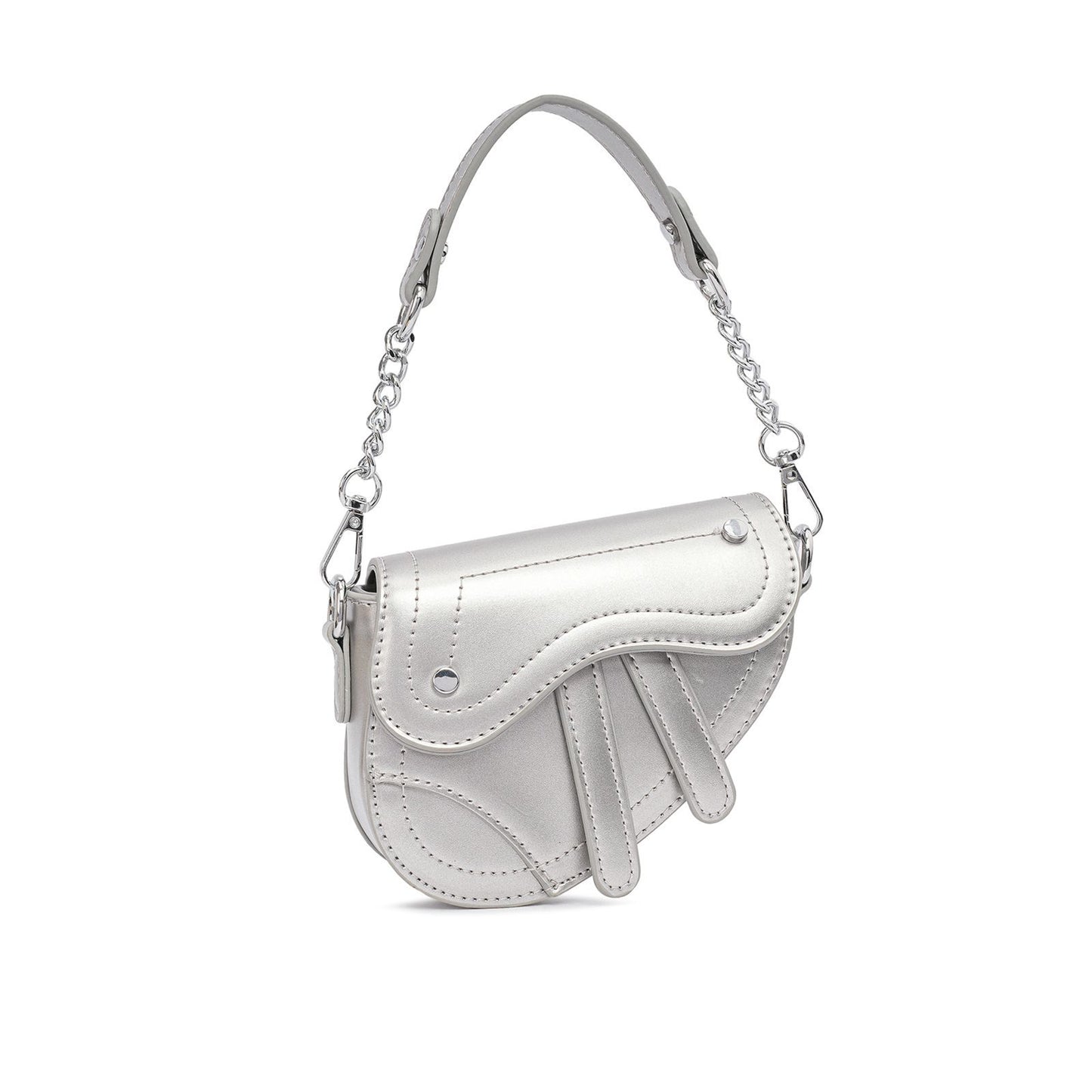 Mini Bolsa Prata com Design Futurista e Alça de Corrente