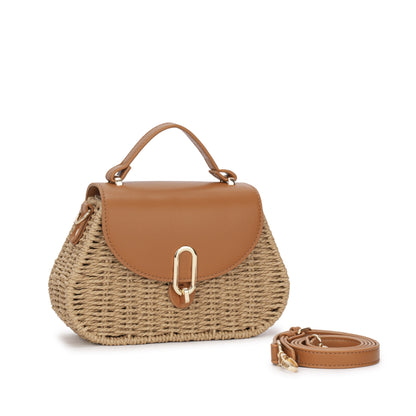 Bolsa Estruturada em Palha Sintética com Tampa em Couro Ecológico