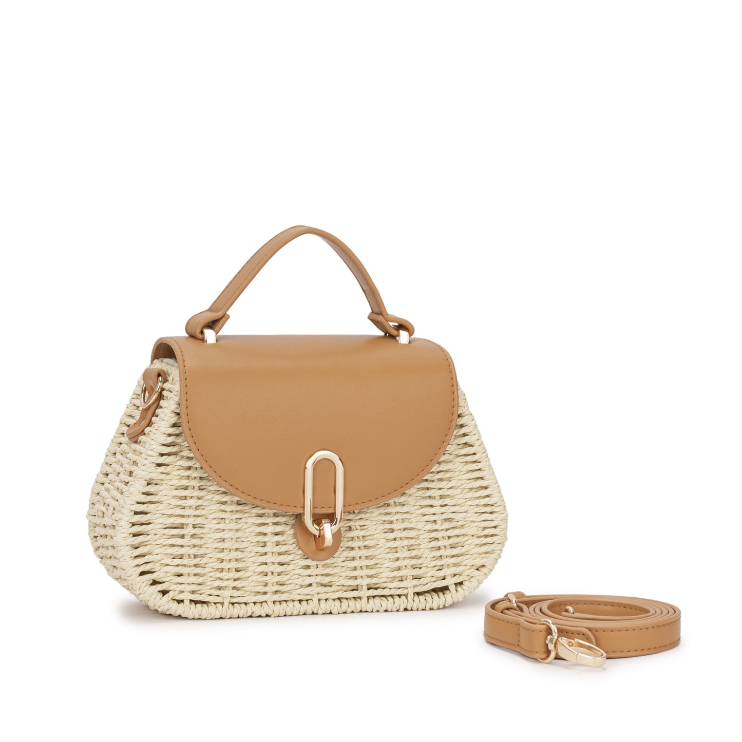 Bolsa Estruturada em Palha Sintética com Tampa em Couro Ecológico