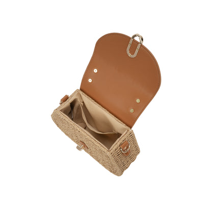 Bolsa Estruturada em Palha Sintética com Tampa em Couro Ecológico