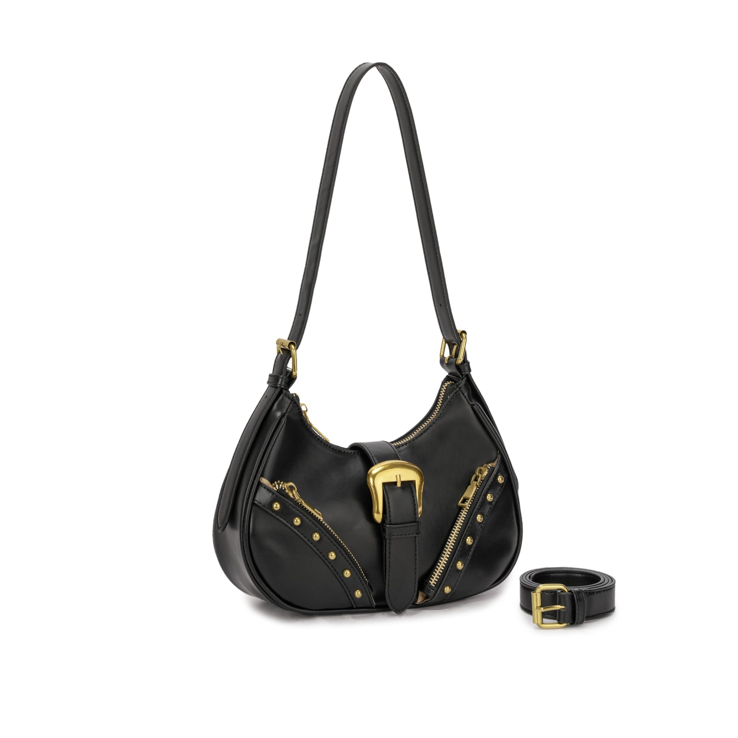 Bolsa Hobo com Fivela Dourada e Detalhes em Tachas ✨