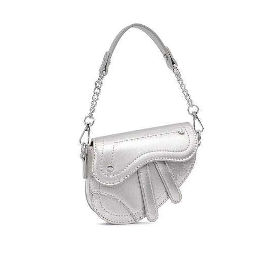 Mini Bolsa Prata com Design Futurista e Alça de Corrente